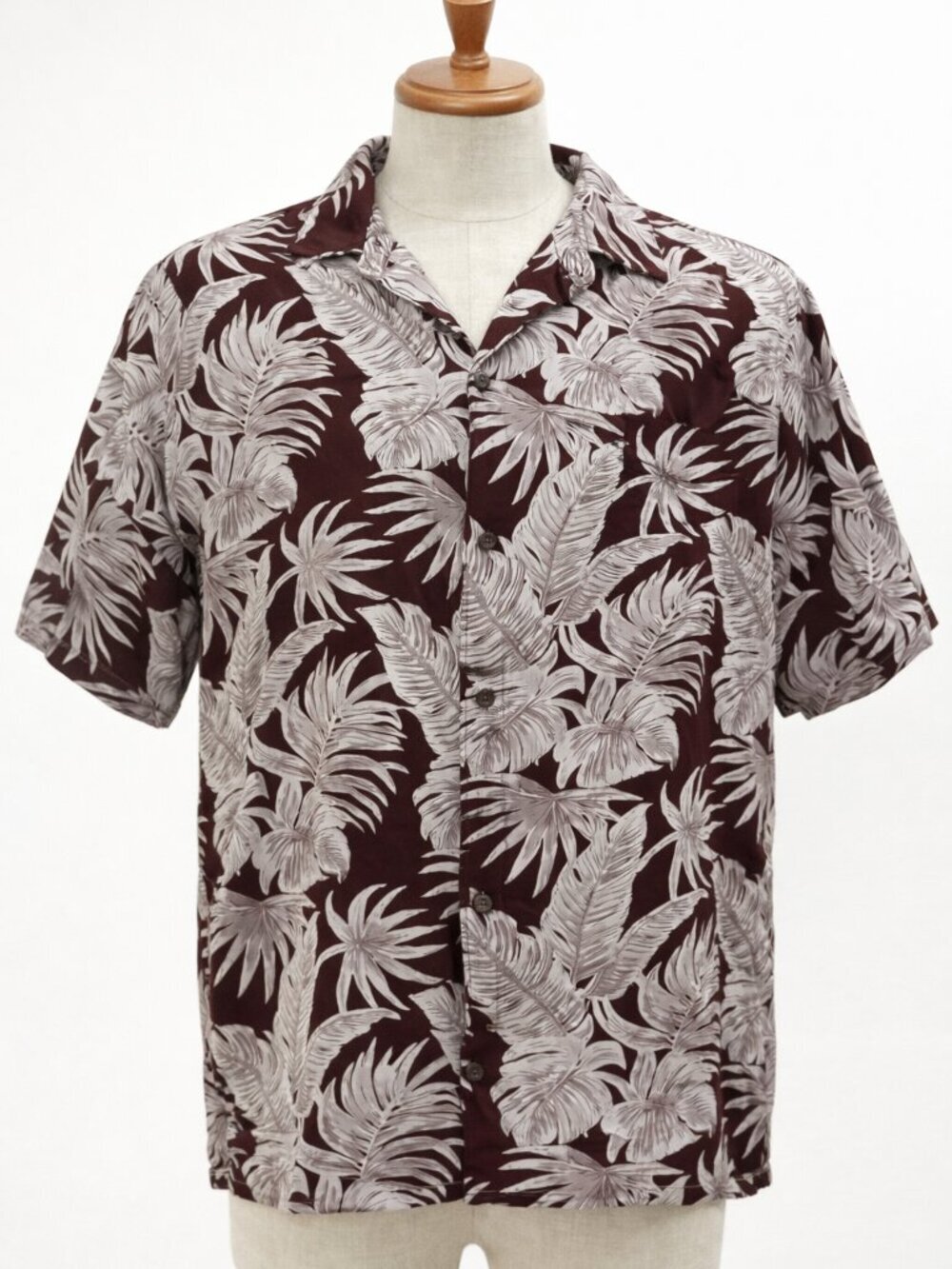 Campia Mens L Tropical Leaf Print Button Up Shirt Brown Cream Rayon Resort - Picture 1 of 7
